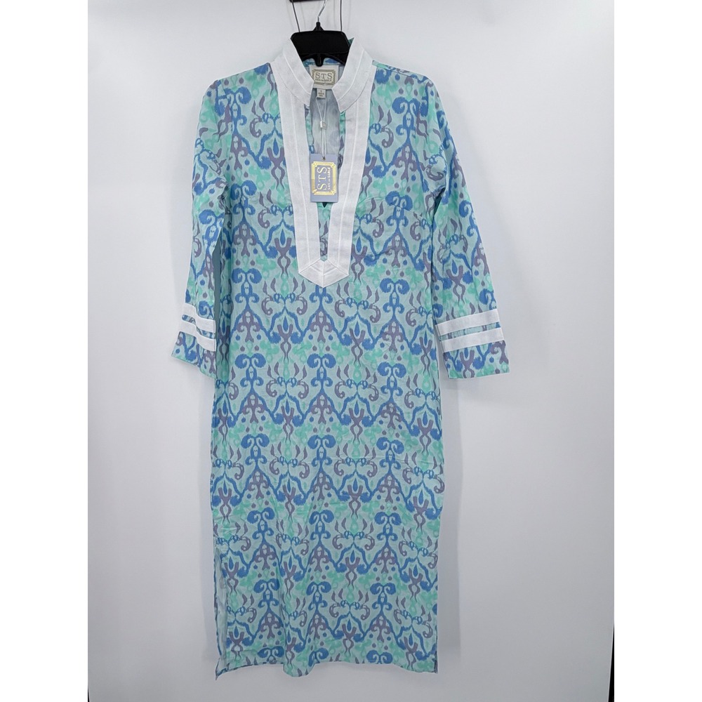 Sail to Sable Long Sleeve Caftan Women Small Blue Ikat Print Cotton Resort